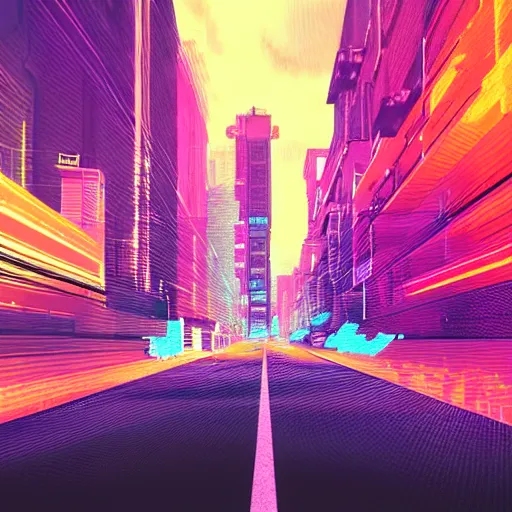 Image similar to a city street in the style of aertime, glitchart, glitch art, # glitchart, pixelsort, # pixelsort, synthwave, cyberpunk, vaporwave, deviantart