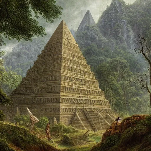 Image similar to a beautiful and highly detailed matte painting of an ancient pyramid in a lush forest, intricate details, epic scale, insanely complex, 8 k, sharp focus, hyperrealism, by caspar friedrich,