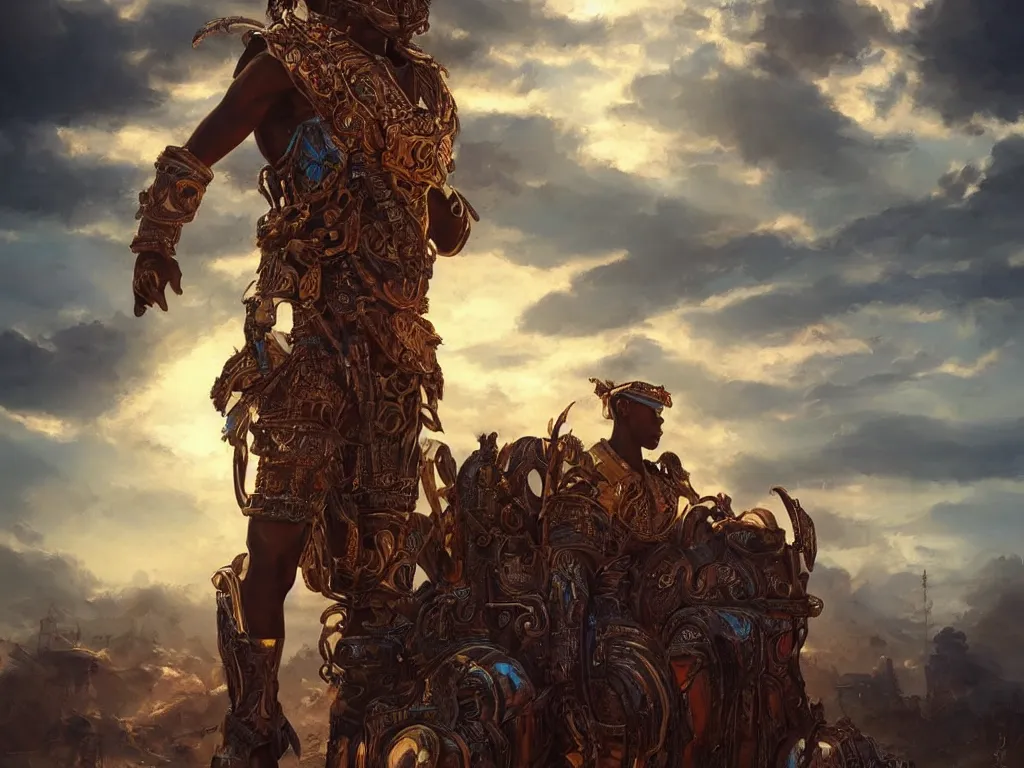 Image similar to a beautiful oil on canvas of an afrofuturistic warrior, beautiful, stunning, ornate. great lighting. post - apocalyptic landscape in the background, epic sky, vray render, artstation,, pinterest, sci - fi, afrofuturism, 5 0 0 px models