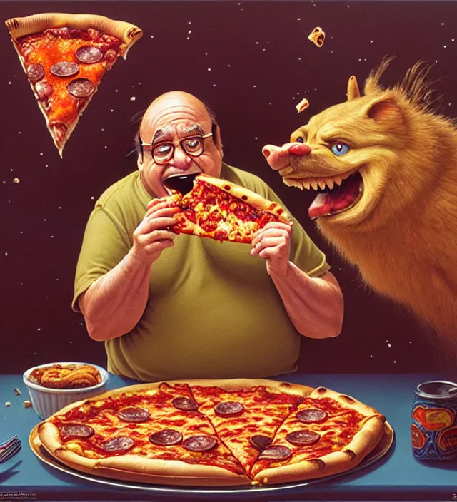 Prompt: derpy looking danny devito eating greasy pizza, pizza is everywhere, weird, strange, bizarre, surreal, epic composition, 2 0 0 mm focal length, donato giancola, tim hildebrandt, wayne barlow, bruce pennington, larry elmore