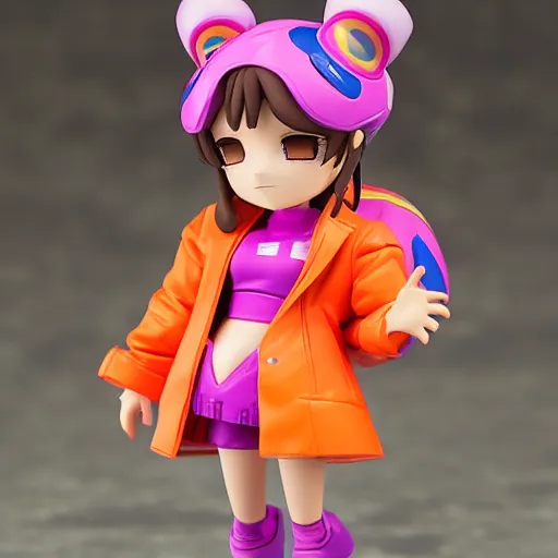 Image similar to magic mushroom, d. va from overwatch wearing orange puffy bomber jacket, nendroid, craig mullins style