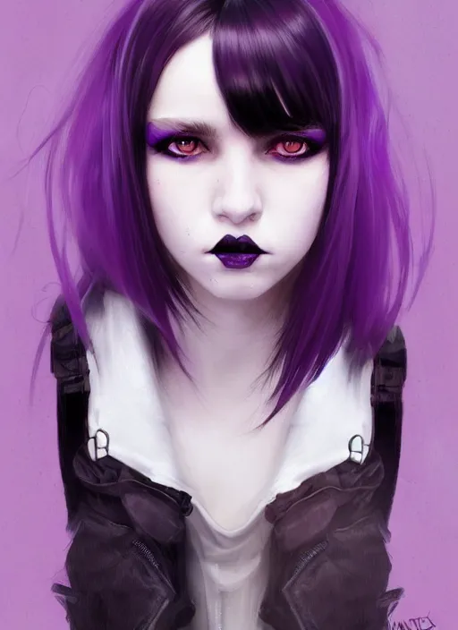 Image similar to portrait of white teenage girl, normal face, black bangs, mall goth, cyberlox, black and white hair, bangs, fluffy bangs, red contacts, purple lipstick, intricate, elegant, highly detailed, digital painting, artstation, concept art, sharp focus, smooth, illustration, art by wlop, mars ravelo and greg rutkowski