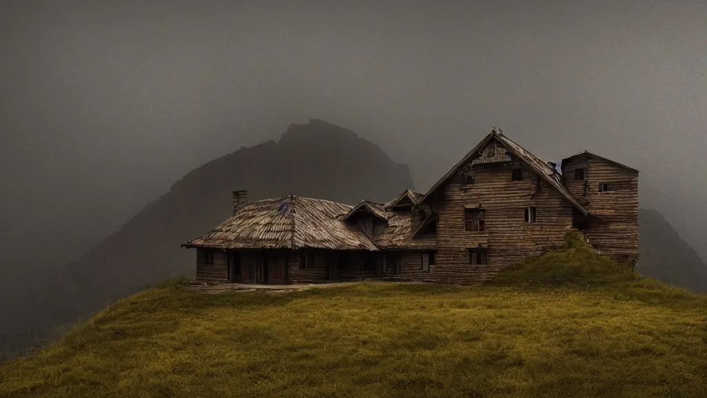 Prompt: Exterior photograph of a mountain house design by Zdzisław Beksiński, Architectural photography, cinematic photography, dark atmosphere, high resolution 4k