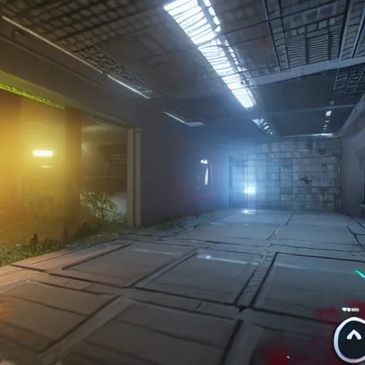 Image similar to screenshot of a first person shooter game on unreal engine 5, in an underground garden, shootout, photorealistic, player fighting against hazmat soldiers