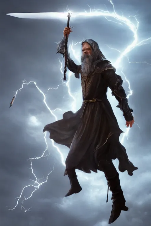 Image similar to wizard holding a sword that’s pointed towards the sky, getting shocked by lightning, octane, trending on artstation, hyper realistic, highly detailed