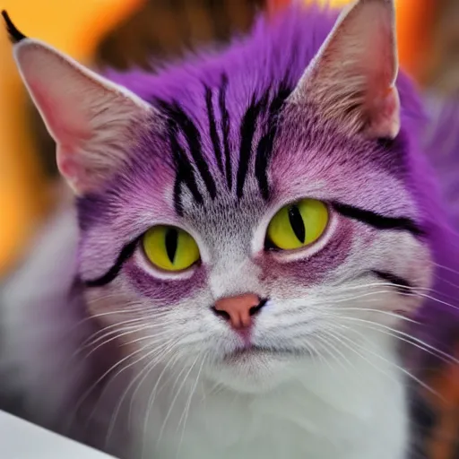 Image similar to orange cat, with his hair died purple to look like the cheshire cat, photo