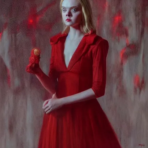 Prompt: a striking hyper real painting of Elle Fanning in a red dress, lovecraftian, horror, moonlit,