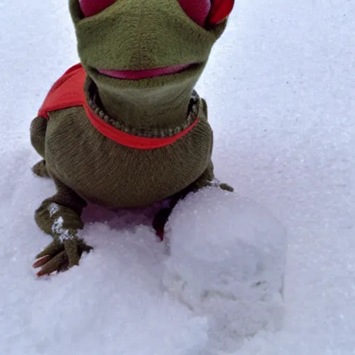 Prompt: kermit playing in the snow