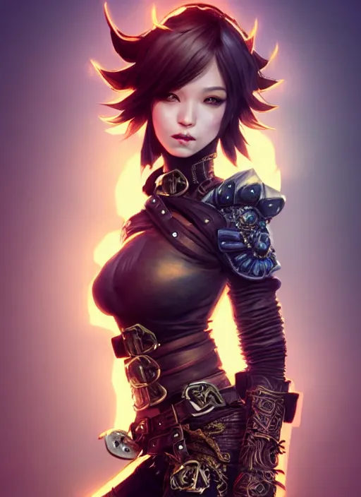 Image similar to rogue, fantasy ornate leather bandit outfit!!! beautiful and athletic short hair female!! gorgeous face and eyes!! character concept art, sharp focus, octane render! unreal engine 5! highly rendered!! trending on artstation!! detailed linework!! illustration by artgerm, wlop, and chie yoshii