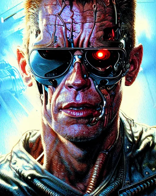 Image similar to a portrait of the terminator fantasy character portrait, ultra realistic, cinematic, concept art, wide angle, intricate details, hologram, highly detailed by greg rutkowski, aaron horkey, gaston bussiere, craig mullins, simon bisley, arthur rackham