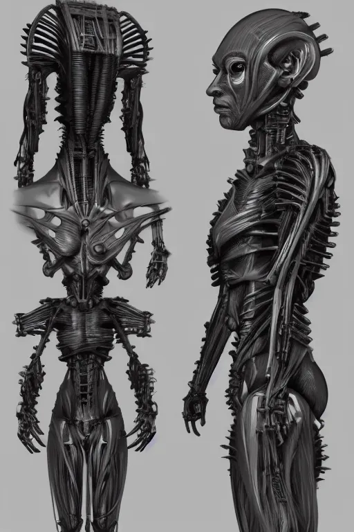 Image similar to andriod orisha god with gunmetal grey skin, medical anatomy, very symmetrical face, highly detailed, japanese mecha, three - perspective / three - view reference sheet ( front / back / side ), in the style of dan ouellette, dren from splice, hr giger, sil from species, artstation, unreal engine