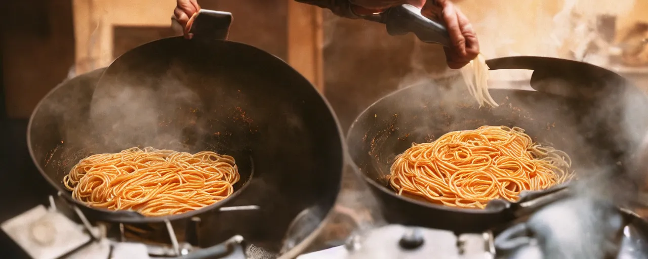 Image similar to medium shot of spaghetti being cooked in a large pot, minimal, sharply focused, canon 5 0 mm, wes anderson film, kodachrome