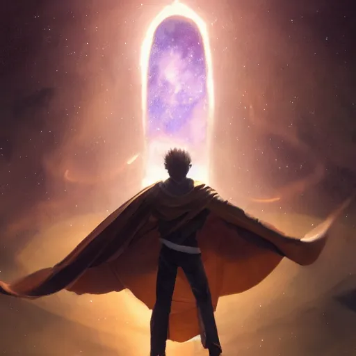 Prompt: blonde boy with bright golden eyes wearing a brown cape and flying in t pose, space background, greg rutkowski