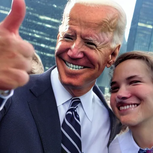 Prompt: twin towers 9/11 Joe Biden selfie smiling