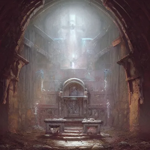 Prompt: a beautiful hyper realistic detailled matte painting of a decrepit altar in an underground crypt, by john howe and moebius and bastien lecouffe deharme and andreas rocha, trending on artstation