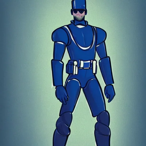 Image similar to Character design police man, man in dark blue full, concept art character, very high angle view,left arm of the robot, book cover, very attractive man with beard, walking in cyberpunk valley highly detailed full body, strong masculine features, sturdy body, command presence, police man!!, royalty, smooth, sharp focus, organic, appealing, deep shadows, sketch lineart for character design