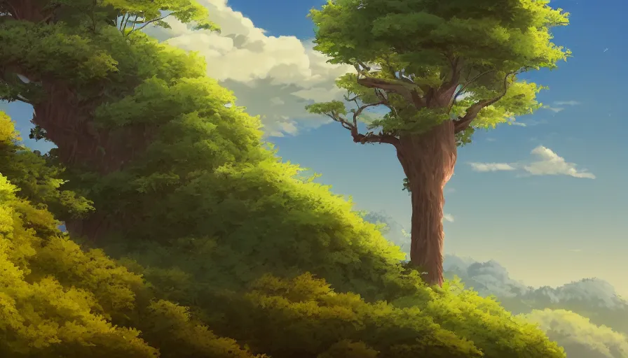Prompt: a landscape of a single tree with bushes nearby, studio kyoto, castle in the sky, animated, anime, illustrated, vibrant, bypeter chung, 2 0 0 mm telephoto, background on artstation
