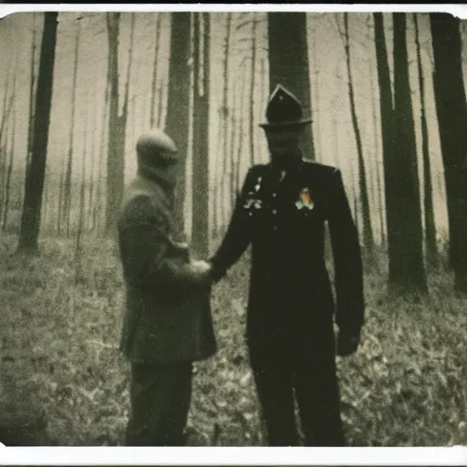 Image similar to old polaroid depicting a handshake between a us military general and a grey alien, at a clearing, at dusk