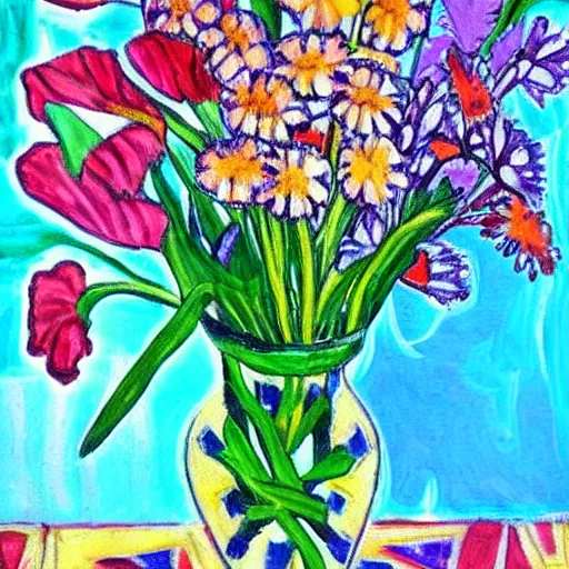 Image similar to a painting of flowers in a vase on a table, a silk screen by janet fish, trending on pinterest, holography, fauvism, vivid colors, rich color palette