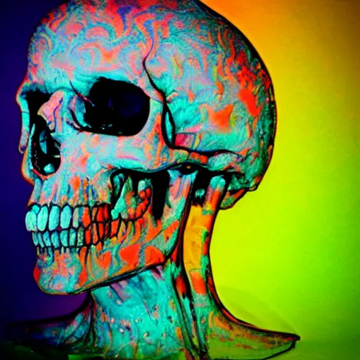 Image similar to human skull, trippy, glitch, psychedelic, melting wax,