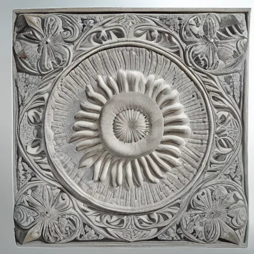 Prompt: highly detailed, ernst haeckel, carved soapstone relief paneling white and pale blue