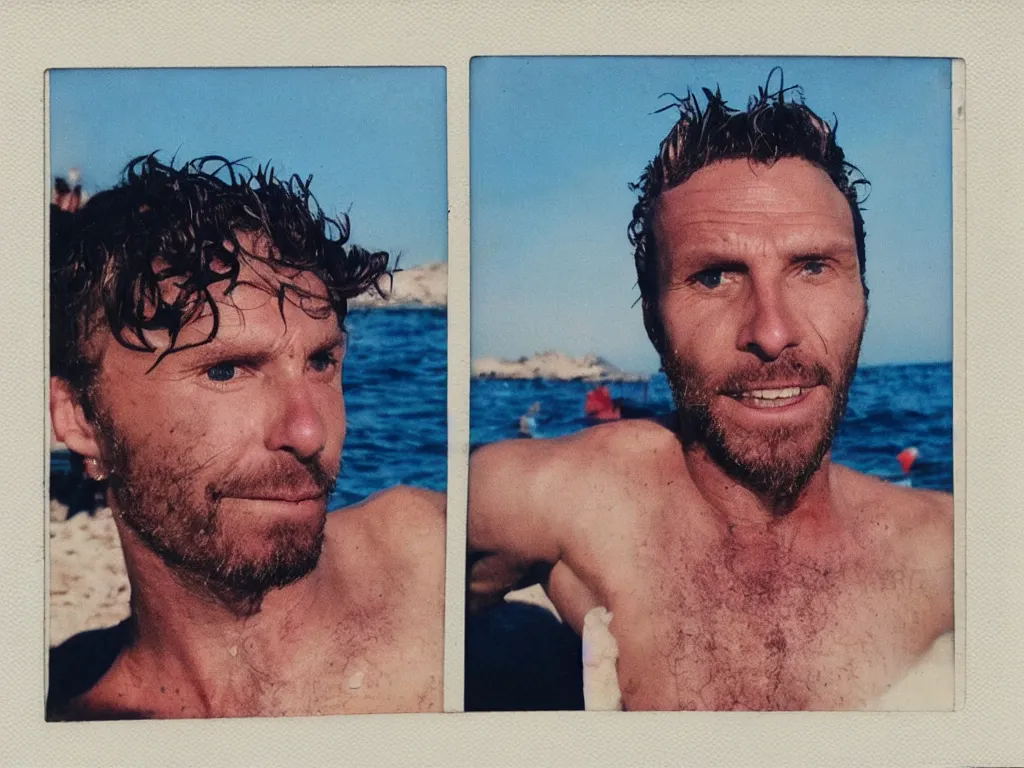 Image similar to jovanotti ravages the beaches of the adriatic coast crying, polaroid color photo, ultra realistic