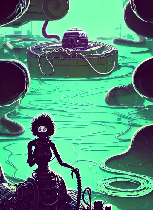 Image similar to highly detailed portrait of a lonely wasteland punk long dripping curly brown nuclear hair tribal lady, stray green slime hoses by atey ghailan, james gilleard, by joe fenton, by greg rutkowski, by greg tocchini, by kaethe butcher, 4 k resolution, gradient purple, brown black and white color scheme!!! ( ( green flaming robotic sewer background ) )