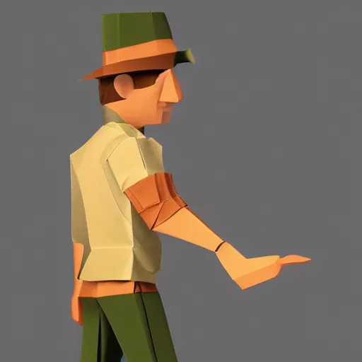 Image similar to realistic full body of indiana jones with hat made of origami, 3 dimentional, details, intricate details, Origami Studio 3 design, Toon Boom render