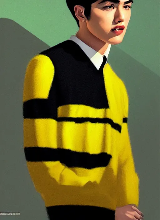 Image similar to portrait of young reggie mantle, mean smirk, egotistical, slicked back hair, striped yellow and black sweater, 1 9 5 0 s, intricate, elegant, glowing lights, highly detailed, digital painting, artstation, concept art, smooth, sharp focus, illustration, art by wlop, mars ravelo and greg rutkowski