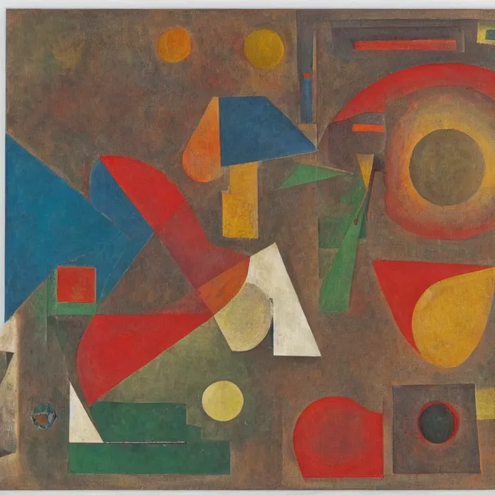 Prompt: an abstract artwork by max ernst, leonora carrington and kurt schwitters, mix of geometric and organic shapes, both bright and earth colors