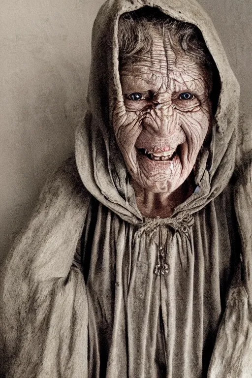 Prompt: old wrinkled woman with pustules, evil smile, medieval clothing, lord of the rings style, highly detailed, creepy atmosphere, candles