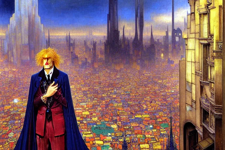 Prompt: realistic extremely detailed closeup portrait painting of an elegant blond male vampire in a cape, detailed crowded futuristic city street on background by Jean Delville, Amano, Yves Tanguy, Ilya Repin, Alphonse Mucha, William Holman Hunt, Ernst Haeckel, Edward Robert Hughes, Roger Dean, rich moody colours