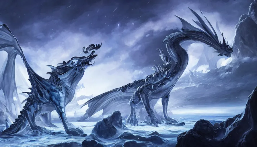 Image similar to epic ice dragon with trendy shapes in a nordic landscape under aurora and stars, set in the words of the Forgotten Realms and Guildwars2, painted by Hans Fredrik Gude, Greg Rutkowksi and Artgerm, concept art 2022, ultra realistic masterpiece