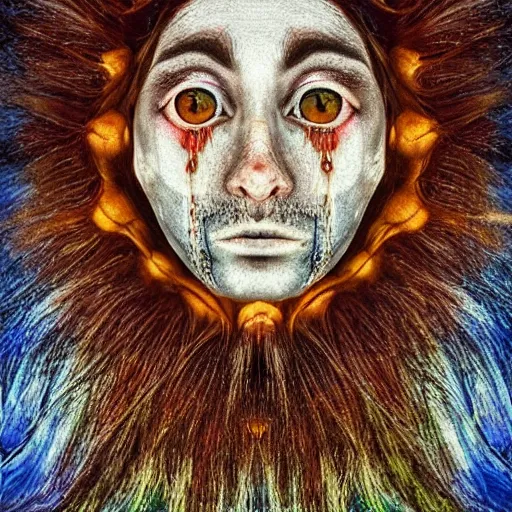 Prompt: three eyed, hairy, third eye in middle of forehead, wide shot, dry, in water, colors, eye in forehead, pins, very detailed, wet eyes reflecting into eyes reflecting into infinity, beautiful lighting