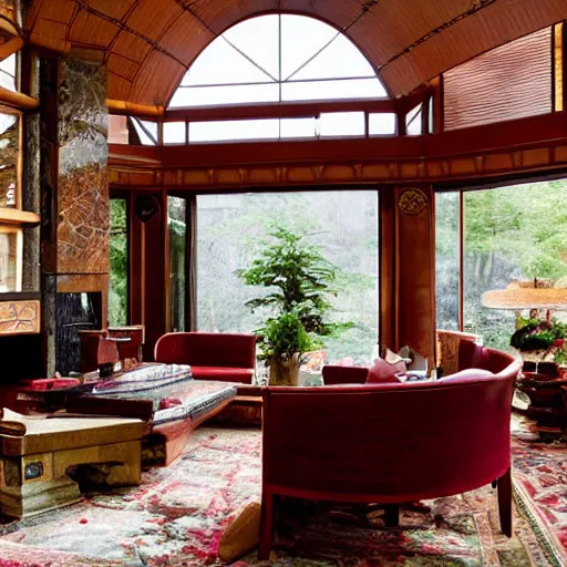 Prompt: A vast beautiful fully stocked living room area in a mansion designed and decorated by Frank Lloyd Wright, rugs, sofa, chairs, fireplace with a fire going, tables,