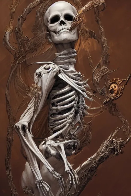 Image similar to skeleton as a heroine, intricate, elegant, highly detailed, centered, digital painting, artstation, concept art, smooth, sharp focus, illustration, art by artgerm and donato giancola and Joseph Christian Leyendecker, Ross Tran, WLOP