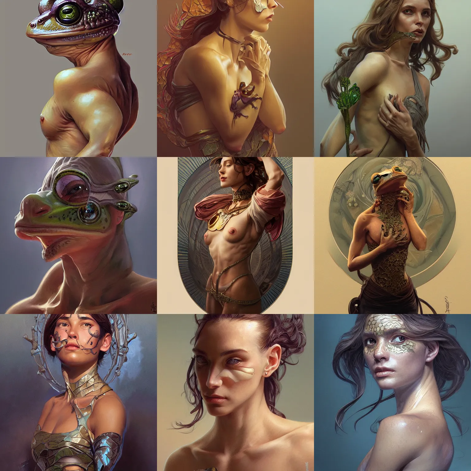 Prompt: Portrait of a frog-woman, upper body, intricate, Anthropomorphic, graceful, highly detailed, digital painting, artstation, concept art, smooth, sharp focus, illustration, art by artgerm and greg rutkowski and alphonse mucha