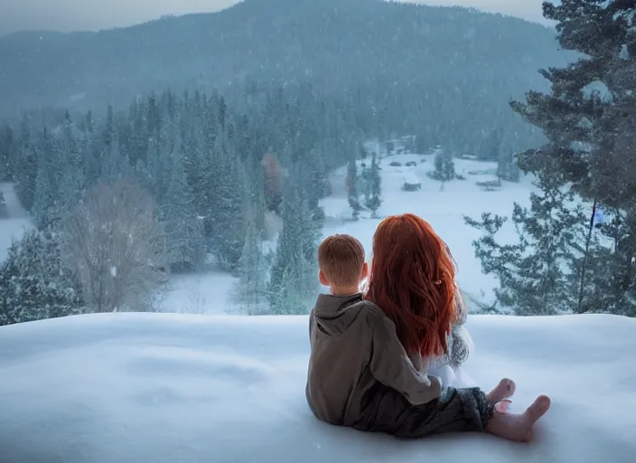 Image similar to a boy and a girl with long flowing auburn hair sitting together on the porch of a cabin on a mountain overlooking a snowy landscape. Atmospheric lighting, romantic, boy and girl, cold lighting, snowy. By Makoto Shinkai, Stanley Artgerm Lau, WLOP, Rossdraws, James Jean, Andrei Riabovitchev, Marc Simonetti, krenz cushart, Sakimichan, D&D trending on ArtStation, digital art.