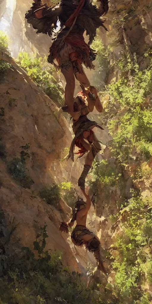 Image similar to oil art of young roma mage adventurer climbing down a cliffside in style of disco elysium character, gipsy jester character design from ravenloft, art by anders zorn, wonderful masterpiece by greg rutkowski, beautiful cinematic light, american romanticism by greg manchess, jessica rossier