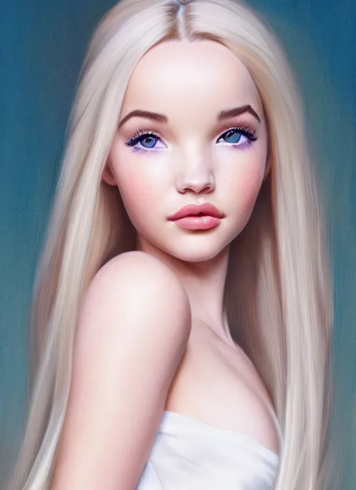 Image similar to a gorgeous female photo of a mix of dove cameron and madison beer, professionally retouched, soft lighting, wearing a feather dress, realistic, smooth face, perfect eyes, wide angle, sharp focus on eyes, full body centerfold, 8 k high definition, insanely detailed, intricate, elegant, art by artgerm and wlop