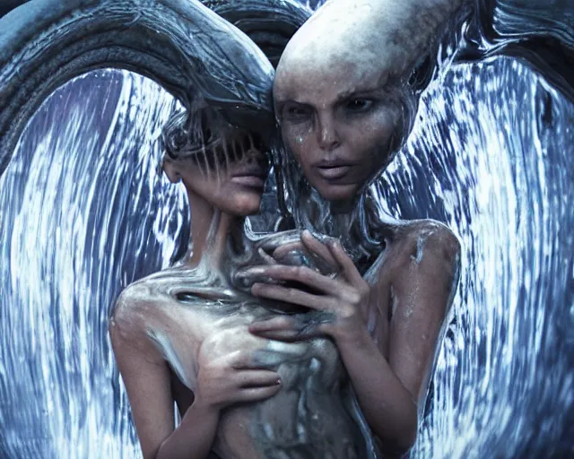 Image similar to film still of kim kardashian being fed by an xenomorph slathered in a transparent alien liquid, wet flowing hair, gooey skin, illustration, unreal engine 5, 8 k, directed by h. r. giger.