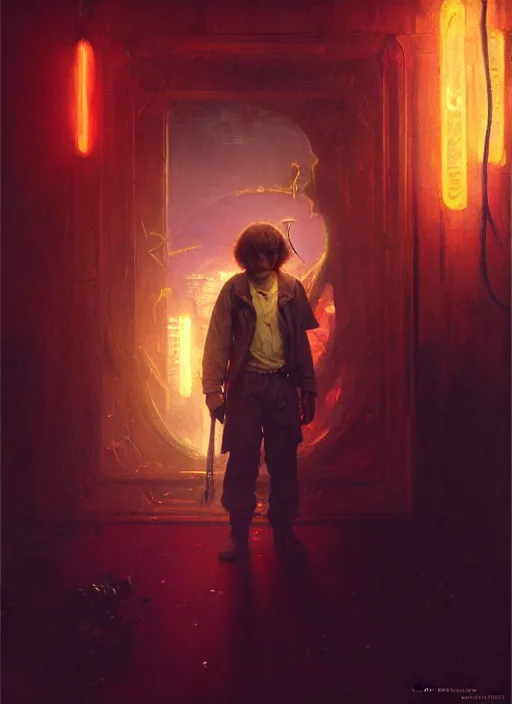 Image similar to illustration by gaston bussiere, gerome, craig mullins, greg rutkowski, john singer sargent. portrait of eddie munson joseph quinn, stranger things. 8 ß's neon retro. lights, glow, magical. dark background.