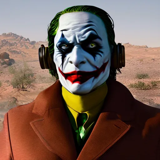 Image similar to A professional picture of the joker wearing a suit of enclave advanced power armor in the desert, 8k, dslr, cinematic, depth of field,