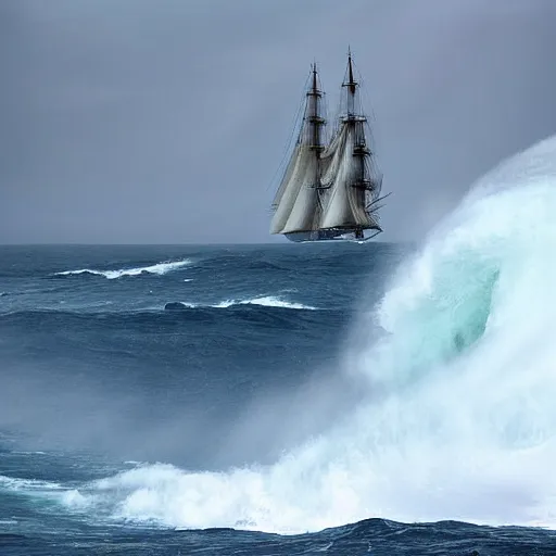 Image similar to sailing ship facing the biggest wave on the middle of the ocean, photograph