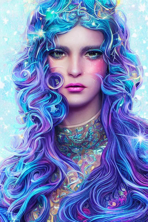 Prompt: a super realistic young woman, magical, space stars and planets in her hair, windblown, intricate, synth-wave, retrowave, colorful, highly-detailed, elegant, dramatic lighting, gorgeous face, lifelike, photorealistic face, long luxurious intricate gown, digital painting, artstation, illustration, concept art, smooth, sharp focus, art by Jude Palencar, John Collier, artgerm, and Albert Aublet and Krenz Cushart and Artem Demura and Alphonse Mucha