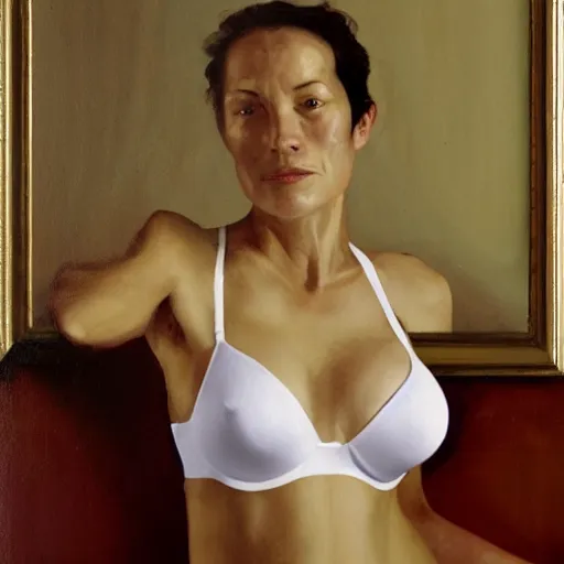 Prompt: a woman posing in her Firenze bedroom, wearing a white bra and white panties, painted by Jonathan Yeo