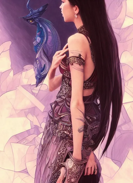 Image similar to jossi of blackpink, wearing a semi transparent dress, m, deep focus, d & d, fantasy, intricate, elegant, highly detailed, digital painting, artstation, concept art, matte, sharp focus, illustration, hearthstone, art by artgerm and greg rutkowski and alphonse mucha