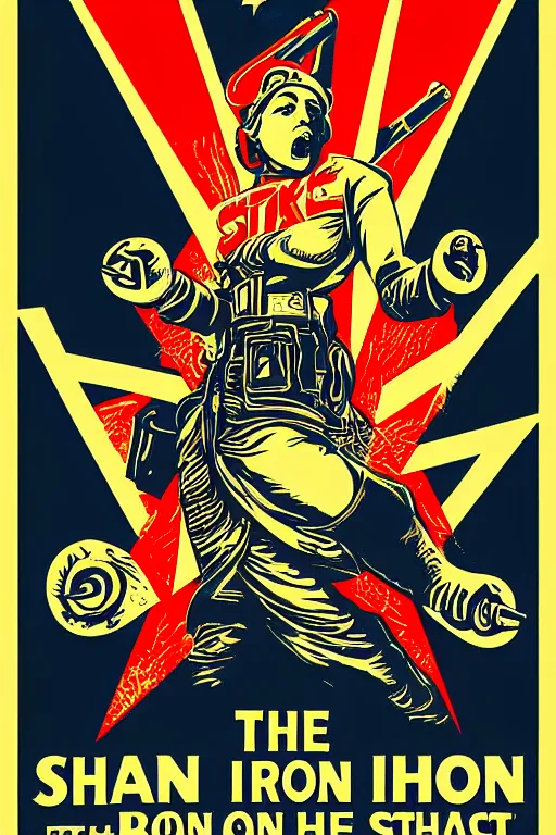 Prompt: strike while the iron is hot propaganda screen printing poster, art style wwii posters, shepard fairey, obey, street art, iconic, masterpiece, ornate and hyper detailed