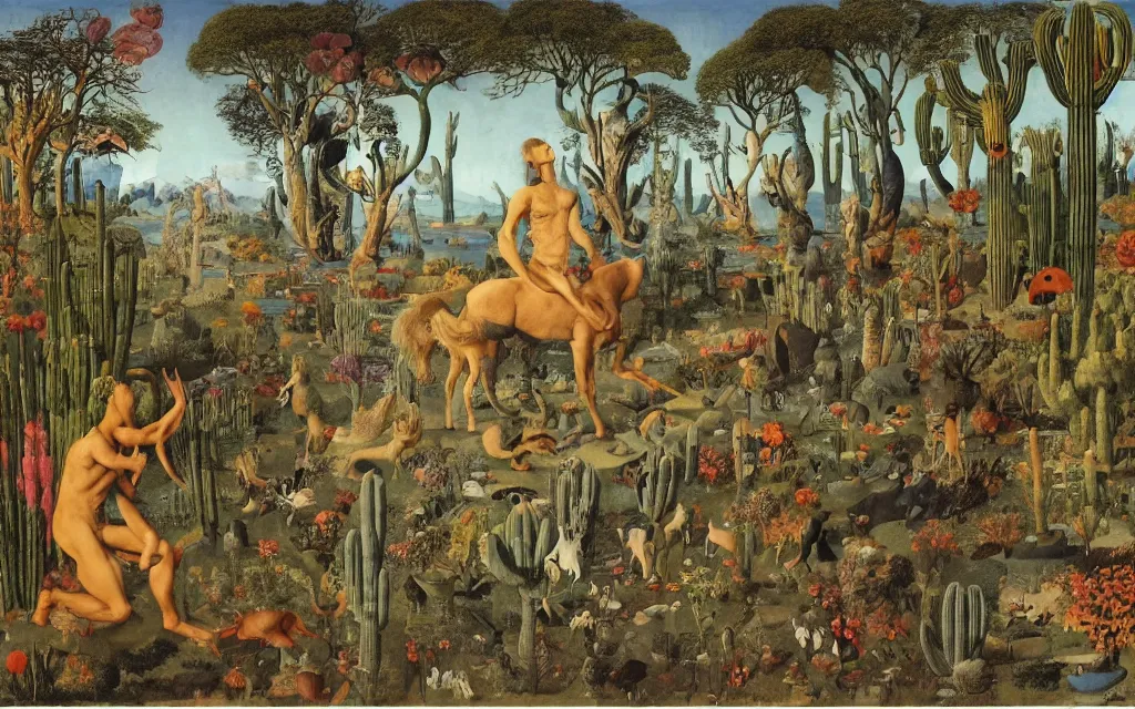 Image similar to photograph of a meditating centaur shaman and a striped werewolf feeding animals. surrounded by bulbous flowers, animals and a few trees and cacti. river delta with cliffs under a blue sky of burning stars. painted by jan van eyck, max ernst, ernst haeckel, ernst fuchs and artgerm, trending on cgsociety, gouache