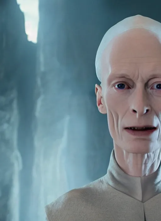 Image similar to film still of tilda swinton as voldemort in harry potter, 4 k, ( voldemort nose )